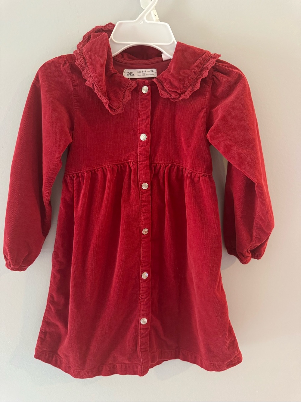 Zara Girls Kids Red Corduroy Dress with Lace Collar